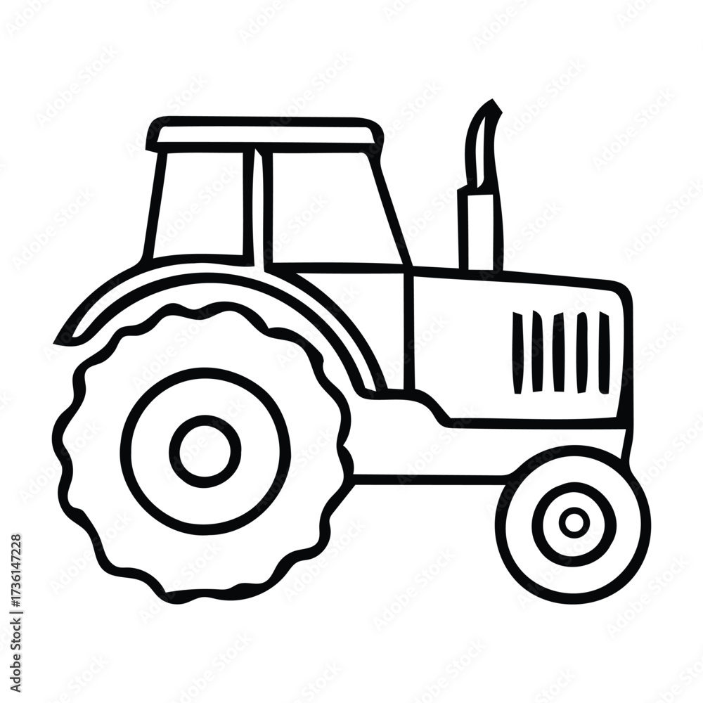 Obraz premium Black and White Outline Illustration of a Farm Tractor with Large Rear Wheels with tractor, farm, agriculture, vehicle elements. 