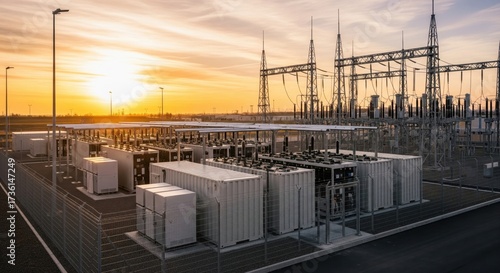 Energy storage batteries at power substation during sunset