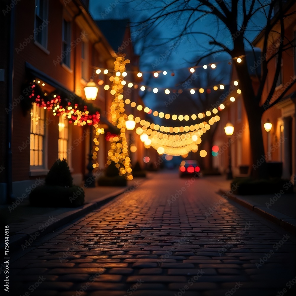 Obraz premium A beautifully lit cobblestone street at dusk, adorned with festive string lights, creates a warm and inviting atmosphere, hinting at a charming evening scene.