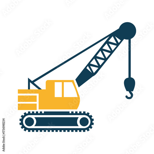 Yellow cabin crane with a blue hook and tracks isolated against white background