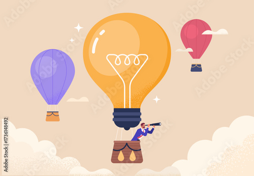 Business Idea Concept. Vector cartoon-style illustration of a businessman flying on a light bulb balloon and looking forward. Isolated on background.