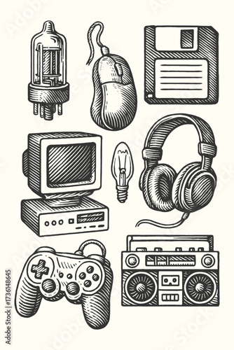Vintage engraving illustration of retro gadgets, cassette, joystick, headphones, nostalgic technology design.