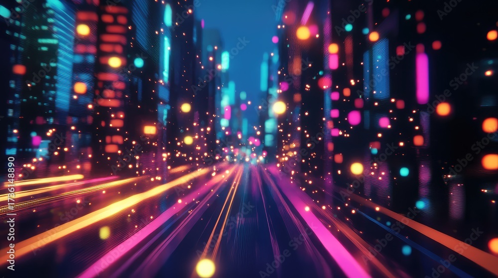 Fototapeta premium Futuristic city street with digital data flowing