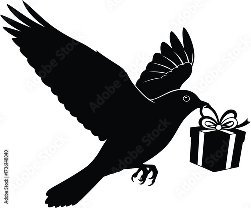 Silhouette bird delivers gift box with ribbon on white