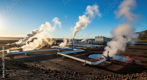 Geothermal power plant with steam rising from ground pipes