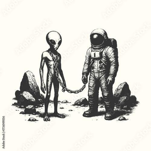 Engraving style illustration of astronaut shaking hands with alien, surreal sci-fi meeting in outer space.