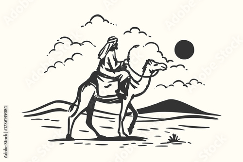 Illustration of lone camel rider traveling through desert dunes with mountain backdrop, vintage art style.