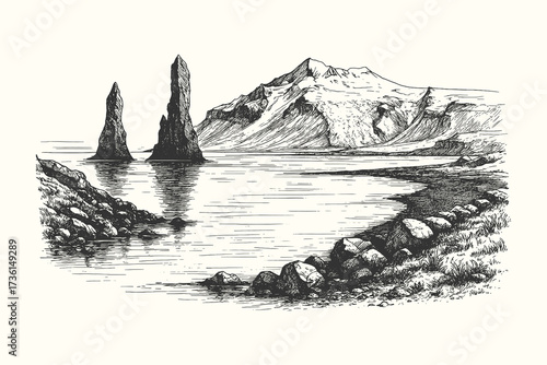 Engraved illustration of rocky coastal cliffs with water and mountains in vintage landscape style.