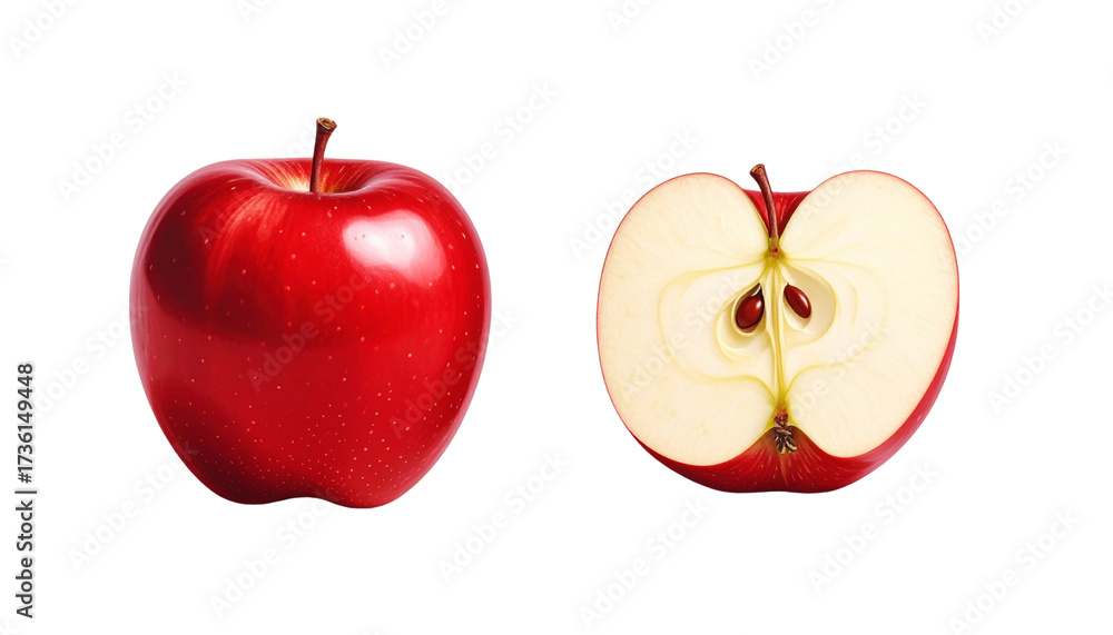 Fototapeta premium Red Apple Whole and Sliced Duo Collection Isolated on Transparent Background