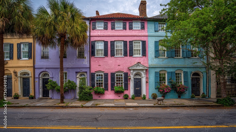 Fototapeta premium Charleston Houses. Elegant Pastel Row Houses Showcase Historic Architecture in European City Street