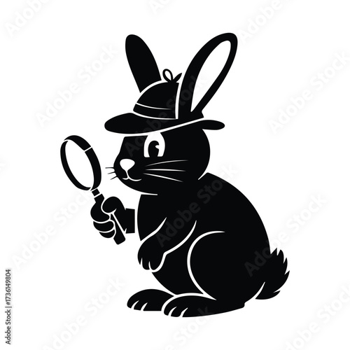 Whimsical bunny detective inspects clues with magnifying glass illustration silhouette
