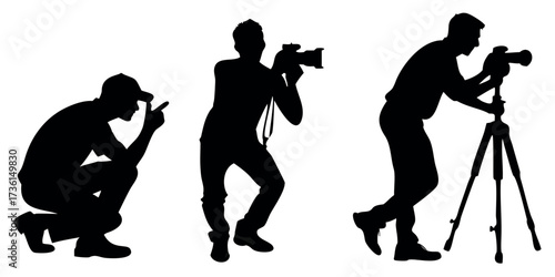 Vector Silhouette Set of Photographers Crouching with Camera Tripod and Overhead Shot