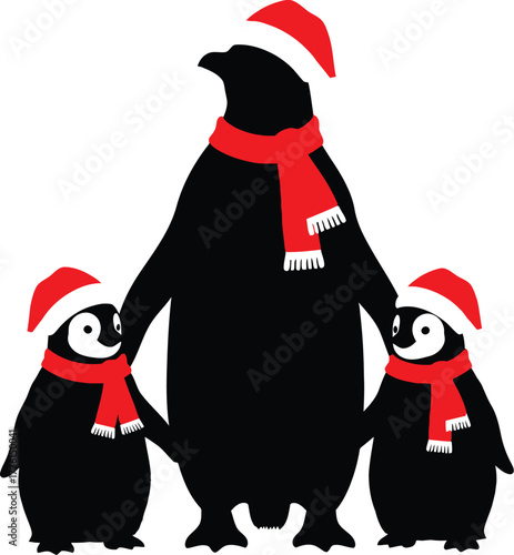 Festive penguins wearing santa hats and scarves for christmas
