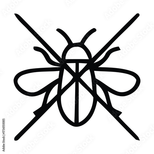 Flying insect prohibition symbol with crossed lines on a white background, crossed out, vector illustration.