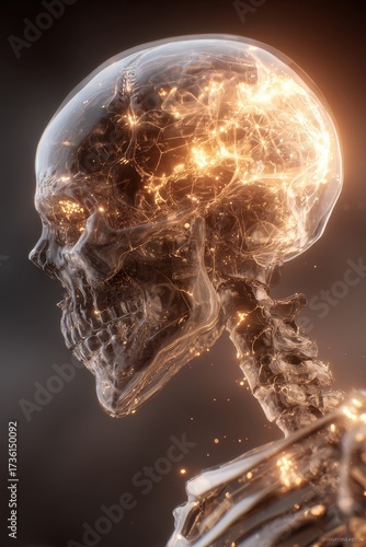 Glowing Energy Within a Transparent Skull - Anatomical Illumination.