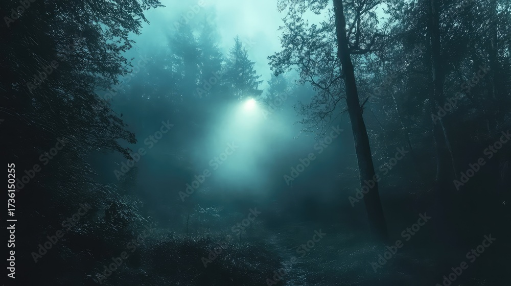 Fototapeta premium Dark forest with mysterious light beam penetrating fog