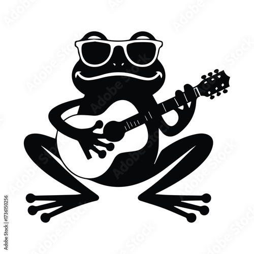 Whimsical frog wearing sunglasses playing guitar fun cartoon character amphibian musician silhouette