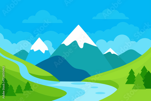 Illustration of mountain landscape with river view