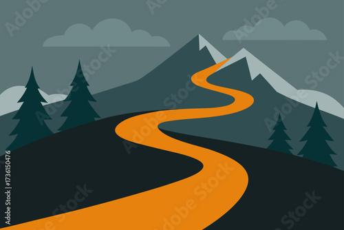 Orange path leading to mountains in moody landscape