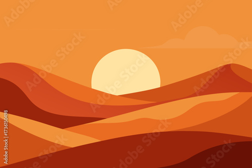 Illustration of a desert landscape with a setting sun