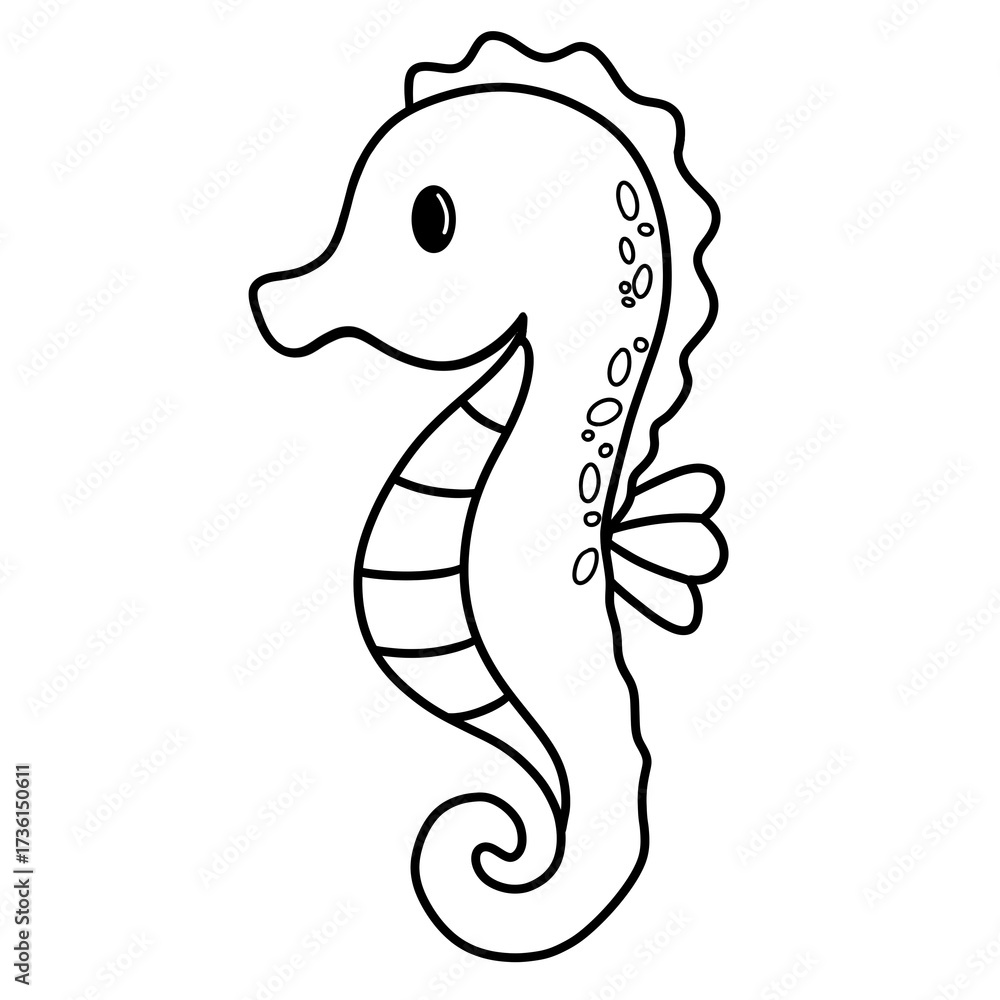Fototapeta premium Cute sea ​​horse black doodle outline.