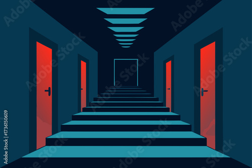 Hallway with red doors and stairs perspective view