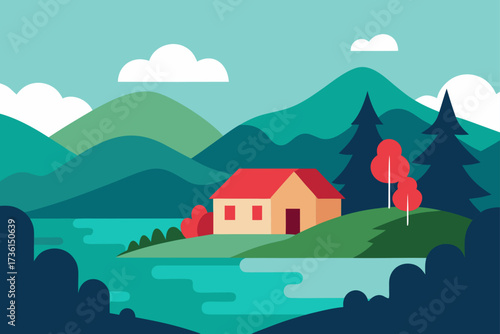 House by the lake with mountains and trees landscape
