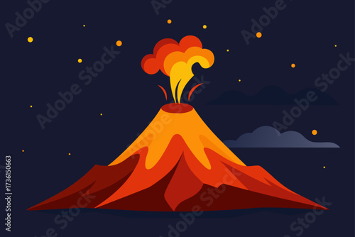 Volcano eruption at night with stars and dark sky