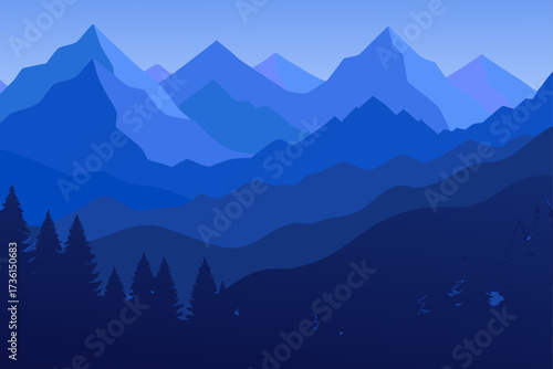 Illustration of blue mountain range and pine trees