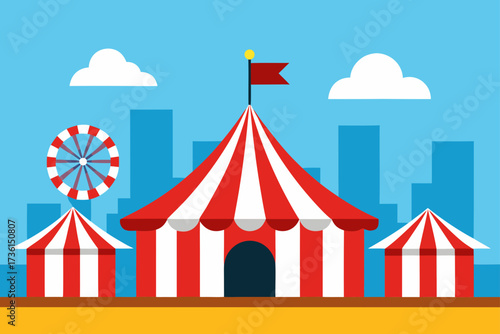 Illustration of a circus with tents and ferris wheel