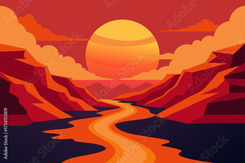 Landscape with river mountains and sunset illustration