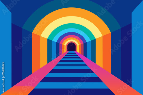 Colorful tunnel with arches and perspective lines