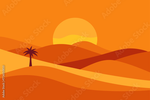 Illustration of desert landscape with sun and palm