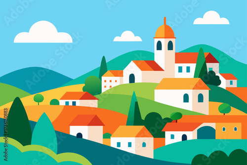Scenic hillside village with church and houses view