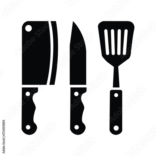 Black kitchenware icons show a cleaver, chef's knife, and slotted spatula on white background