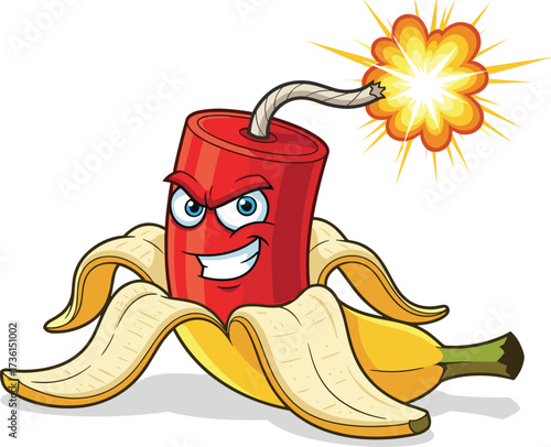 Cartoon banana dynamite, explosive fruit character, funny mascot design, creative concept, smiling face, energy, danger, explosion, food illustration, humor