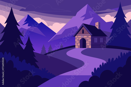 Illustration of a house in a mountainous landscape