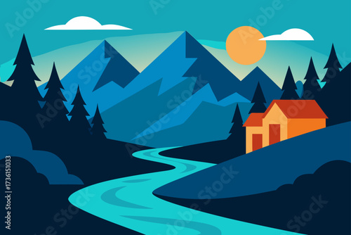 Illustration of a cabin by a river in the mountains