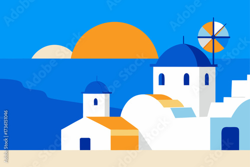 Santorini greece landscape with windmill and buildings