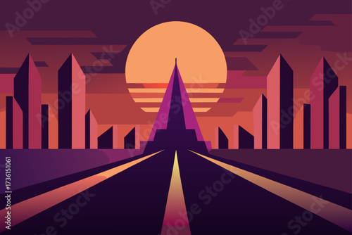 Cityscape with sunset and road leading to pyramid