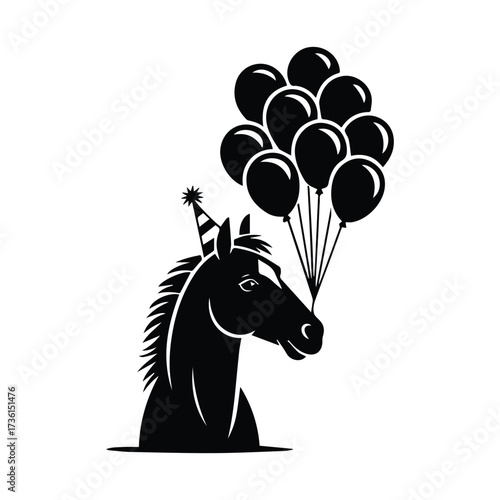 Whimsical horse wearing party hat holding bunch of balloons celebrates a special occasion silhouette