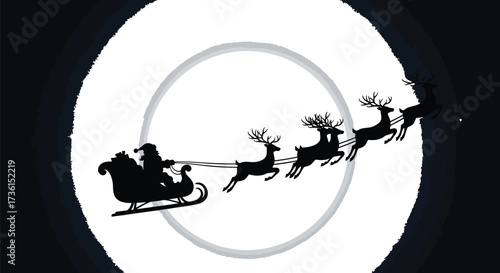 Santa's silhouette flies with reindeer against a full moon