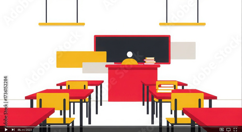 Empty classroom with desks chairs and teacher s podium