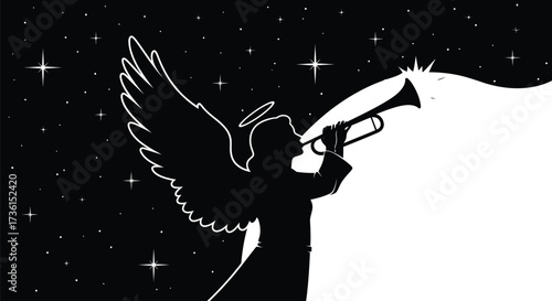 Angel blowing trumpet in black and white starry night sky