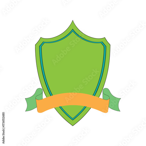 Green heraldic shield with orange ribbon illustration for medieval concept
