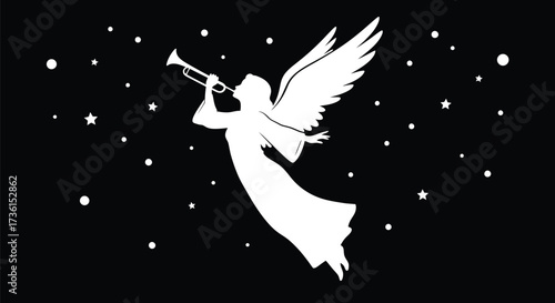 Angel blowing trumpet among stars on a black background