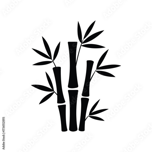 Black silhouette showcases bamboo stalks surrounded by leaves against a crisp white background