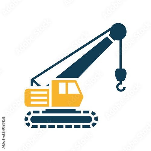 Blue and yellow crane with tread and hook on a white background