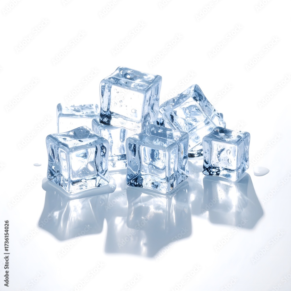 Obraz premium Clear Ice Cubes Stacked on White Background