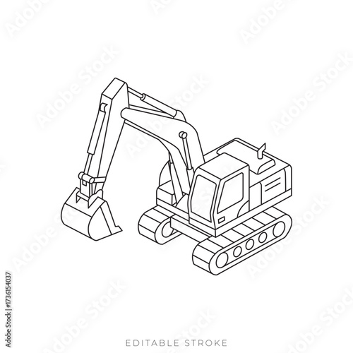 Excavator Heavy Equipment Isometric Outline Vector Construction Machine Illustration